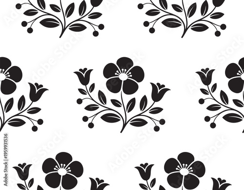 A repeating black and white floral pattern featuring stylized flowers and leaves on a white background