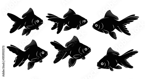 Six Black Goldfish Silhouettes Swimming Together, Isolated on White Background