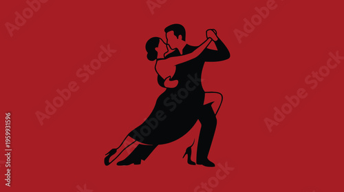 Dynamic Silhouette of a Passionate Couple Engaged in an Elegant Dance, Capturing Movement and Romance on a Bold Red Background