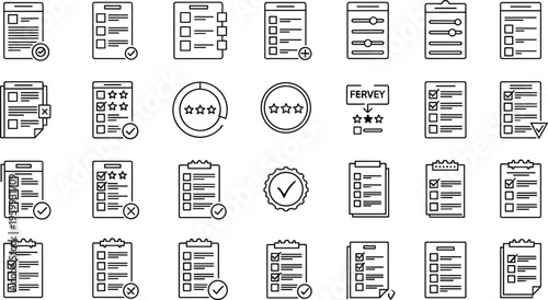 Checklist and Form Icons Set Featuring Task Lists, Reviews, and Survey Symbols
