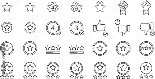 Rating and Review Icons Set Featuring Stars, Thumbs Up/Down, Medals, and Review Symbols