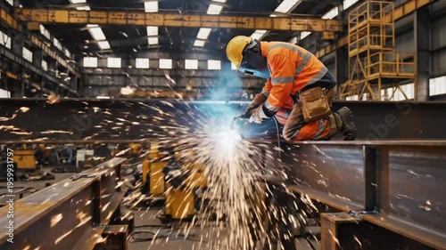 A worker in an industrial setting welding a piece of metal with sparks flying everywhere
