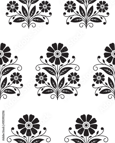 A repeating seamless pattern featuring stylized black floral motifs on a clean white background