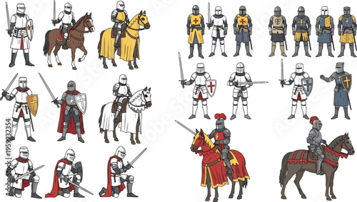 Set of Medieval Knight Illustrations Armored Warriors on Horseback with Swords Shields and Armor Collection Isolated on White Background Historical Vector Design