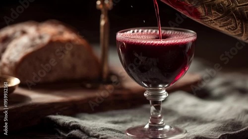 A video of red wine being poured into a glass on a table with bread in the background