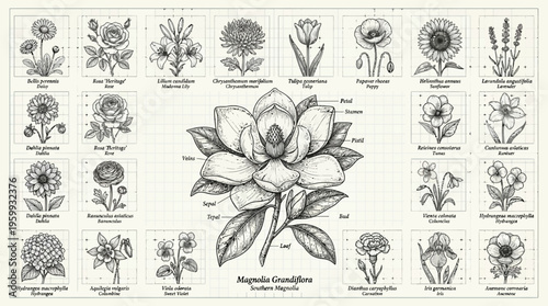 Detailed botanical illustration of various flowers.