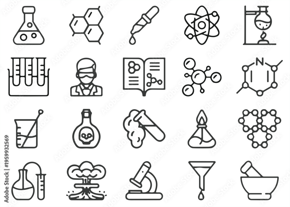Fototapeta premium Laboratory and Science Icons Set Featuring Test Tubes, Microscopes, Chemical Reactions, and Research Symbols