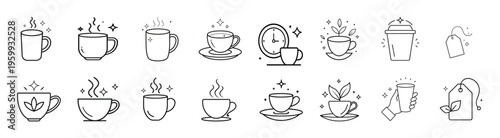 Tea and coffee cup outline icon set featuring steaming mug, herbal tea glass, takeaway cup, tea bag label, clock coffee break, and more vector illustration on editable stroke