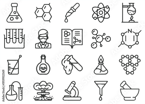 Laboratory and Science Icons Set Featuring Test Tubes, Microscopes, Chemical Reactions, and Research Symbols