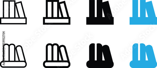 Set of bookshelf icons, vector illustration of library books on a shelf in various styles including outline, solid, and flat design
