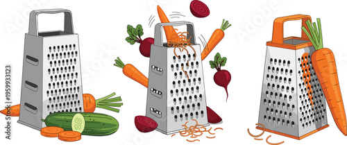 Set of Kitchen Grater Illustrations with Vegetables Carrot Cucumber Beetroot Food Preparation Cooking Tools Collection Isolated on White Background Vector Design