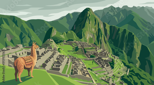 Panoramic view of an iconic ancient citadel in the majestic South American Andes, featuring stunning architectural ruins and a grazing llama