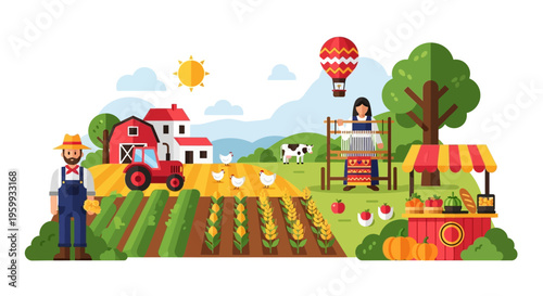 Vibrant Flat Design Countryside Farm Scene with Farmer, Weaver, Tractor, Barn, Animals & Local Market