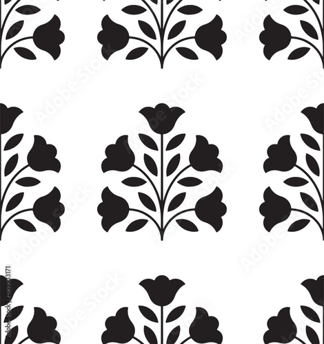 Minimalist black and white floral pattern featuring symmetrical tulip motifs on a clean background