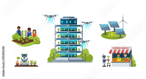 Future of Sustainable Agriculture: Smart Farming, Vertical Farms, Drones, Robotics, Renewable Energy, and Local Food Systems