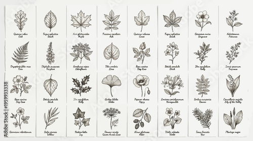 A collection of various leaf and plant illustrations.