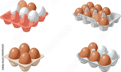 Set of Egg Carton Illustrations with Brown and White Eggs in Paper Trays Food Packaging Collection Isolated on White Background Vector Design