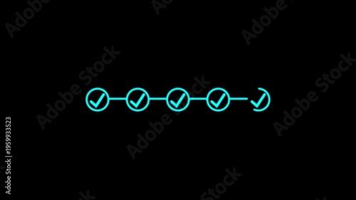 5 step infographic process with check mark icon. infographic step by step process icon animation on black background, step process success with check marks. Step by Step Guide,4k video