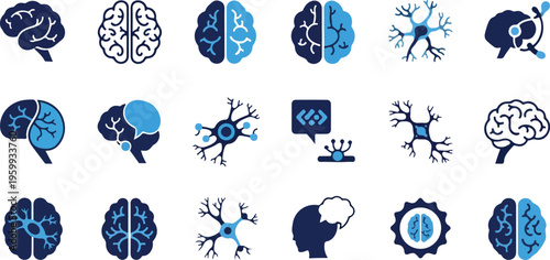 Brain, neuroscience, neurology icons, blue, vector, 20 elements