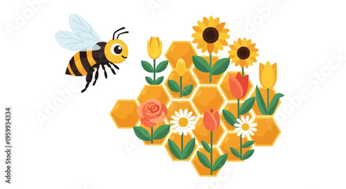 Bee flying near colorful flowers.