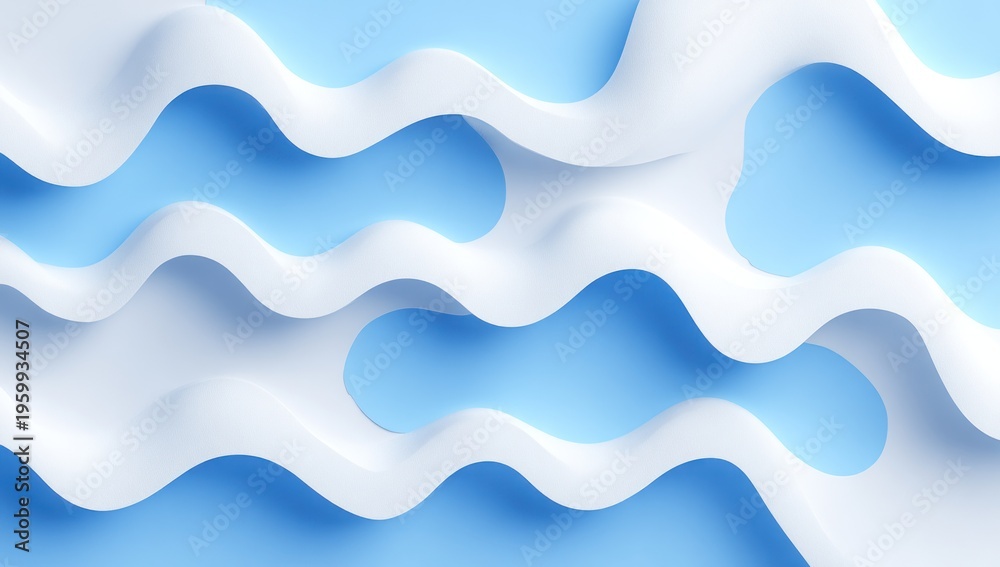 Fototapeta premium Abstract design featuring layered, wavy shapes in light blue and white, creating a serene and smooth visual effect.