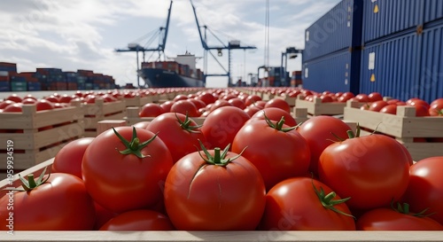 Fresh Tomatoes In Wooden Crates Ready For Shipping At A Busy Port
