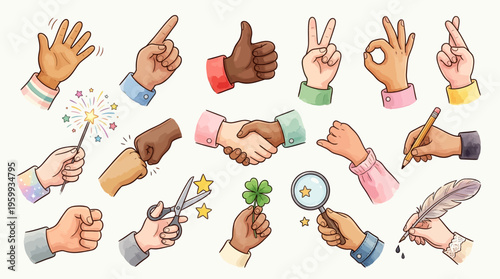 Diverse hands performing various gestures and actions.