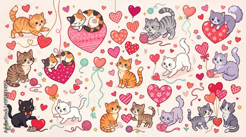 Adorable cartoon cats and hearts illustration.