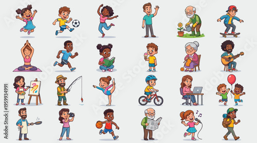 Diverse people engaging in various leisure activities.