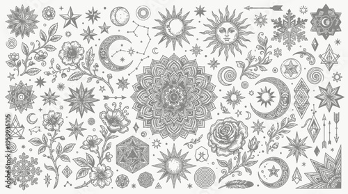 A collection of various celestial and floral illustrations.