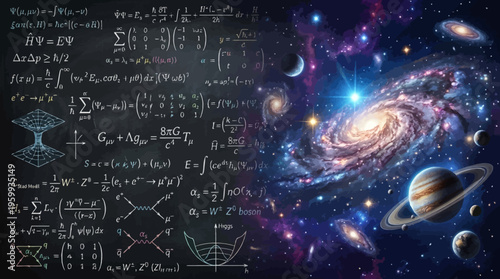 Vibrant galaxy with planets and mathematical equations on chalkboard background.