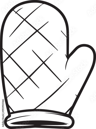 Black and white line art oven mitt icon isolated on white background