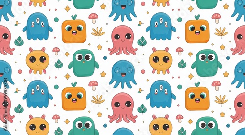 A seamless pattern of cute cartoon monsters and sea creatures in vibrant colors image