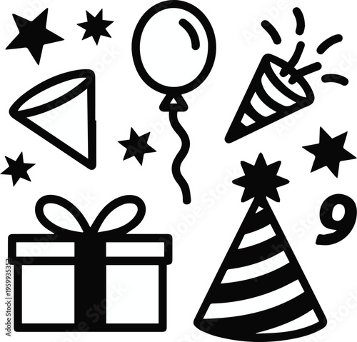 Party poppers confetti and scattered stars set