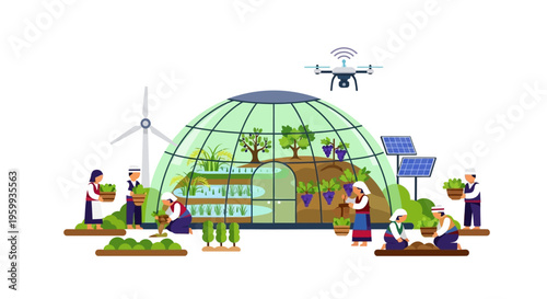 Sustainable Smart Farming Illustration: Geodesic Greenhouse, Renewable Energy, Drone Tech & Farmers