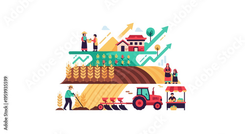 Sustainable Agriculture Growth Illustration: Farming, Harvesting, and Market Supply Chain with Economic Progress Arrows