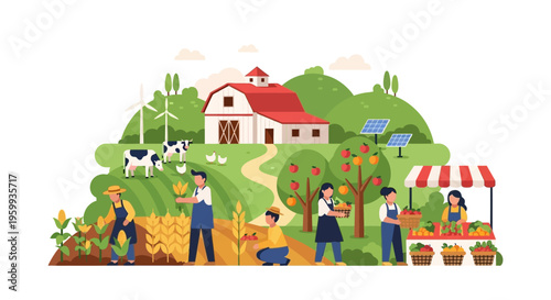 Sustainable Farm Life: Farmers Harvest Crops & Care for Livestock, Powering with Green Energy for a Fresh Produce Market - Flat Vector Illustration