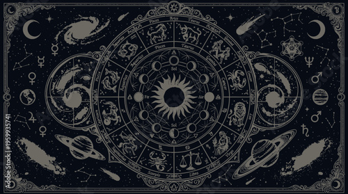 Astrology zodiac wheel with planets and celestial bodies.