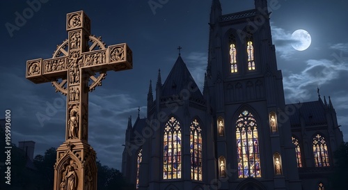 Gothic cathedral with glowing stained glass and ornate stone cross under full moon vector illustration for spiritual themes