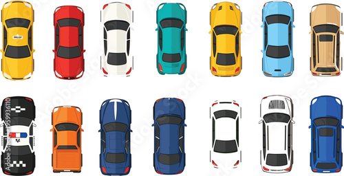 Foto Top View Car Vector Set with Different Vehicle Colors, Modern Automobile Designs