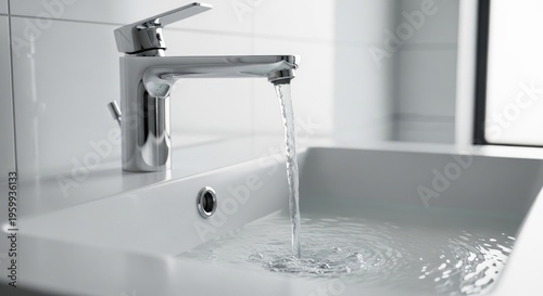 Modern bathroom sink with running water.