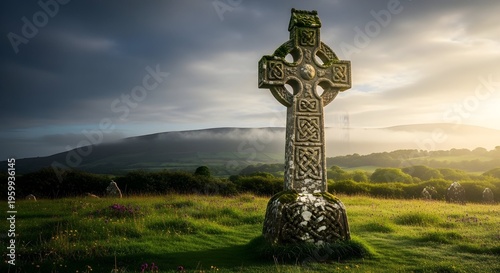 Celtic cross with knotwork in grassy field and rolling hills at sunrise vector illustration for heritage and spirituality themes