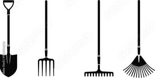 Farm pitchfork shovel rake silhouettes for agricultural work