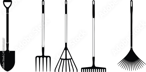 Yard tools set silhouettes for landscaping equipment