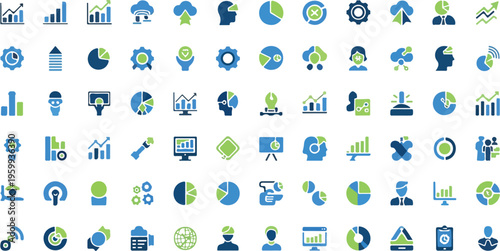 Business icons, 40 professional symbols, blue and green vector graphics, office workflow elements
