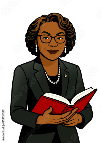 Politics woman attorney - Professional attorney women in politics - Hold a book politics professional woman- Editable politics woman lawyer leadership illustration
