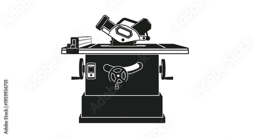Detailed illustration of a vintage table saw in black and white silhouette