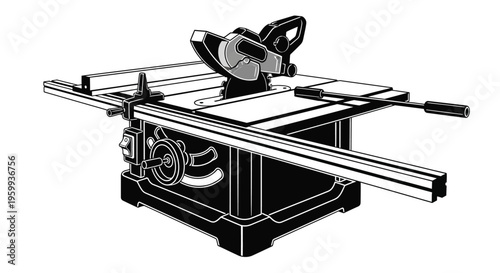 Detailed illustration of a miter saw tool black and white vector style silhouette
