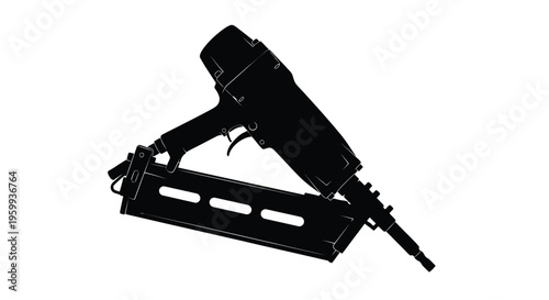 Black silhouette of a pneumatic nail gun angled for construction work silhouette
