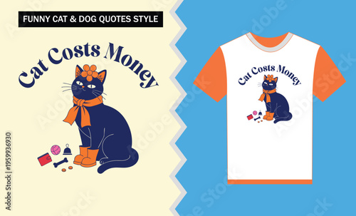 Funny cartoon cat with orange accessories and tshirt design on blue background